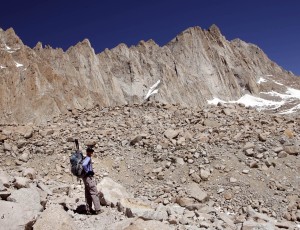 Carrie Turbow on the 99 switchbacks on the main Mt. Whitney Trail.  The summit of Mt. Whitney is the peak on the right.  The switchbacks gain about 1,300 feet in about 1/2 mile.  Hikers are rewarded at the crest at 13,300 feet,  with views of Inyo National Forest to the east and Sequoia National Park to the west. 